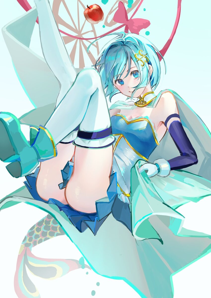 1girl armpits bare_shoulders blue_boots blue_eyes blue_hair blue_skirt blue_sleeves blush boots breasts cape cleavage commentary_request detached_sleeves fortissimo gloves hair_ornament highres looking_at_viewer luccola1023 magical_girl mahou_shoujo_madoka_magica mahou_shoujo_madoka_magica_(anime) medium_breasts miki_sayaka miki_sayaka_(magical_girl) miniskirt musical_note musical_note_hair_ornament oktavia_von_seckendorff pink_ribbon pleated_skirt ribbon short_hair skirt solo thighhighs thighs white_cape white_gloves white_thighhighs