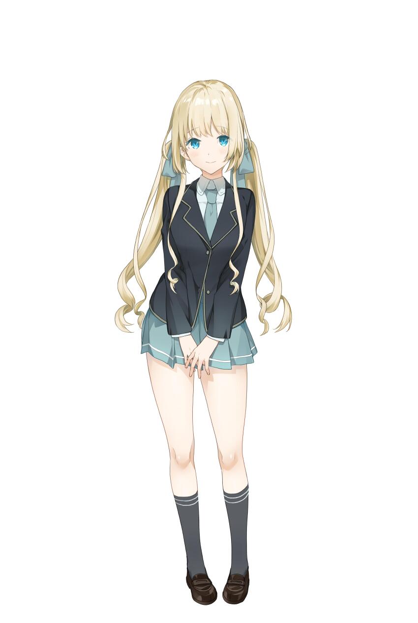 1girl absurdres akinashi_yuu aqua_eyes aqua_skirt black_jacket black_socks blazer blonde_hair blue_eyes breasts breasts_squeezed_together full_body highres jacket kanda_alice kanda_alice_mo_suiri_suru. large_breasts loafers long_hair miniskirt official_art pleated_skirt shoes skirt smile socks solo third-party_source twintails