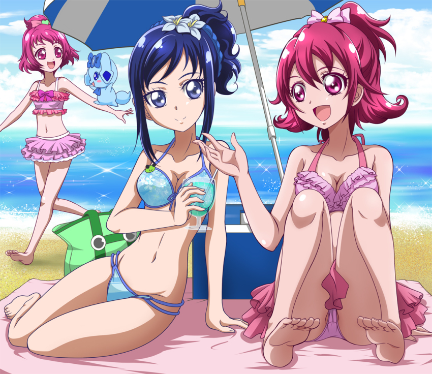 3girls aida_mana bag barefoot beach beach_umbrella bikini blue_eyes blue_hair braid cooler dokidoki!_precure drink feet hanzou hishikawa_rikka long_hair multiple_girls precure rakeru_(dokidoki!_precure) red_eyes red_hair sharuru_(dokidoki!_precure) sharuru_(dokidoki!_precure)_(human) short_hair side_ponytail soles swimsuit toes topknot umbrella