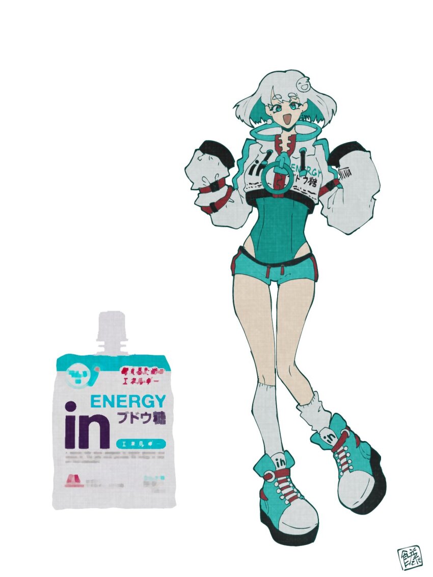1girl aqua_eyes aqua_hair aqua_one-piece_swimsuit aqua_shoes aqua_shorts colored_inner_hair commentary cropped_jacket drawstring earrings full_body hair_ornament hands_up high_collar highres jewelry kneehighs knees_together_feet_apart long_sleeves looking_at_viewer multicolored_hair one-piece_swimsuit open_mouth original oversized_zipper personification shoes short_shorts shorts signature simple_background single_loose_sock sleeves_past_fingers sleeves_past_wrists sneakers socks sokura_(mochichitose) solo standing standing_on_one_leg swimsuit swimsuit_under_clothes thigh_gap weider_in_jelly white_background white_hair white_socks zipper zipper_pull_tab