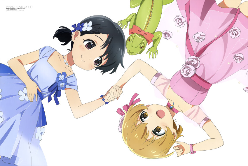 2girls :d absurdres animal aquastar_inc. blue_bow blue_dress blush bow brown_eyes brown_hair choker closed_mouth collarbone dress dress_flower flower flower_choker hair_bow hair_flower hair_ornament highres holding_hands hyou-kun idolmaster idolmaster_cinderella_girls idolmaster_cinderella_girls_u149 iguana koga_koharu long_sleeves looking_at_another lying megami_magazine multiple_girls official_art on_back open_mouth pink_bow pink_choker pink_dress red_bow sasaki_chie scan short_hair simple_background smile white_background