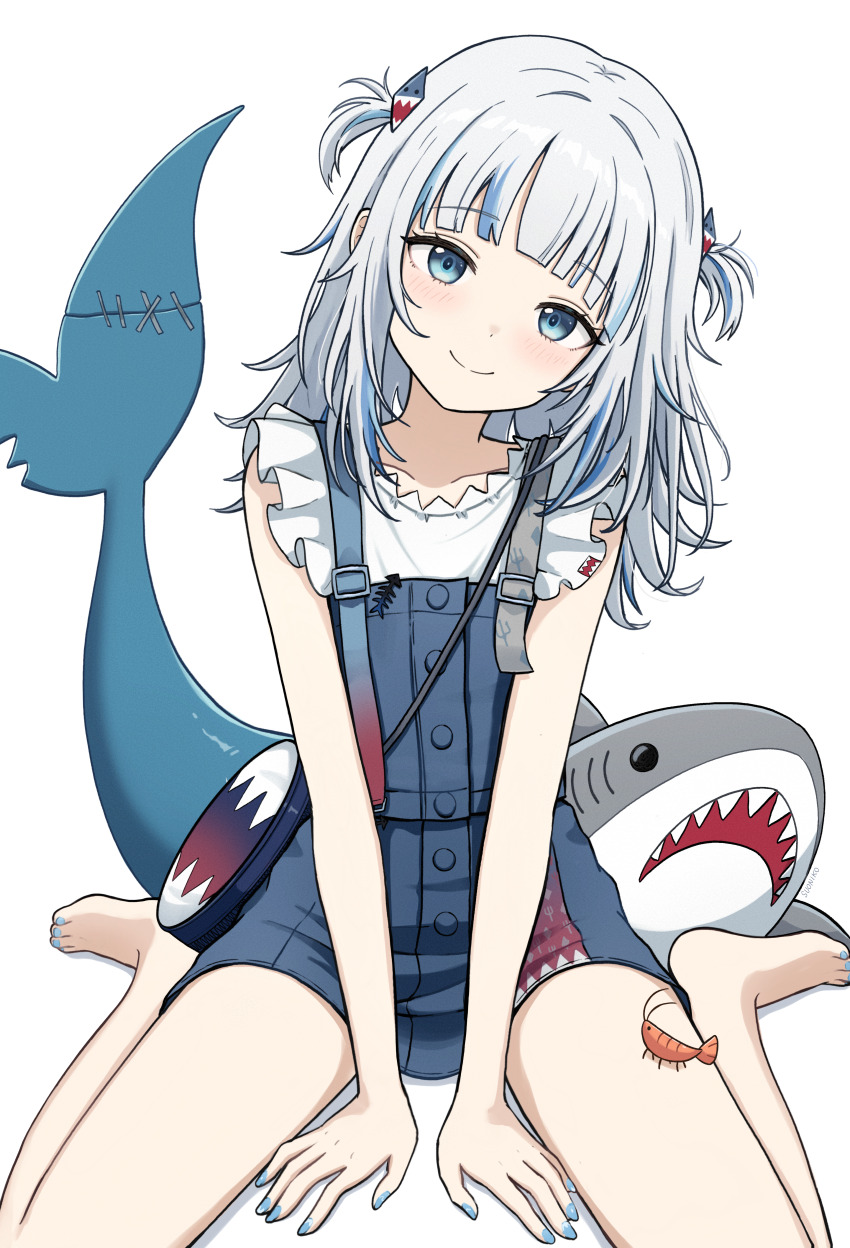 1girl absurdres barefoot blue_eyes blue_hair blue_nails blue_skirt blush closed_mouth commentary fins fish_tail gawr_gura gawr_gura_(casual) grey_hair hair_ornament head_tilt highres hololive hololive_english long_hair looking_at_viewer miniskirt multicolored_hair nail_polish official_alternate_costume shark_girl shark_hair_ornament shark_tail shirt sidelocks sitting skirt smile solo streaked_hair suoniko tail toenail_polish toenails two_side_up v_arms virtual_youtuber wariza white_shirt