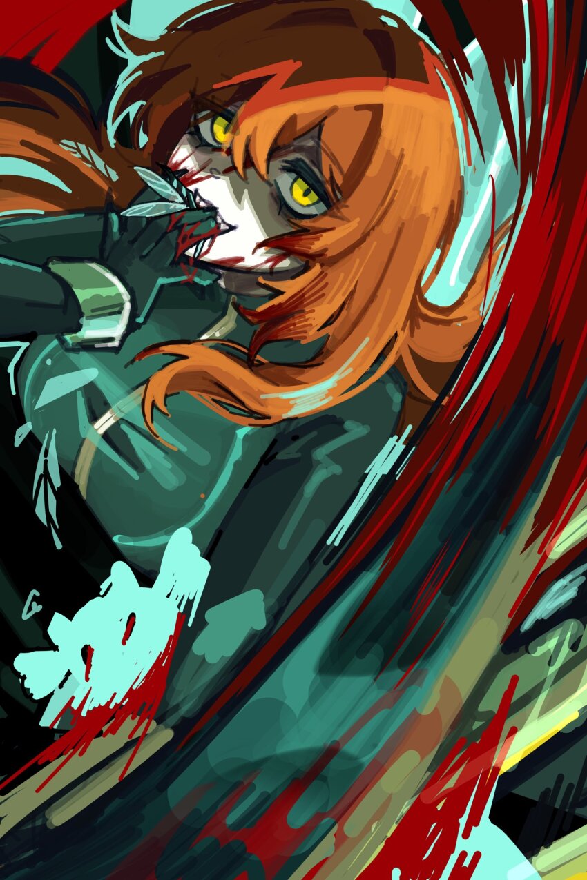 1girl aqua_wings beanni blood bodysuit bracelet cannibalism e.g.o_(project_moon) eating fairy fairy_festival from_above gloves green_bodysuit green_gloves highres ishmael_(project_moon) jewelry library_of_ruina limbus_company long_hair orange_hair project_moon sharp_teeth sidelocks solo teeth very_long_hair wingbeat_(e.g.o) yellow_eyes
