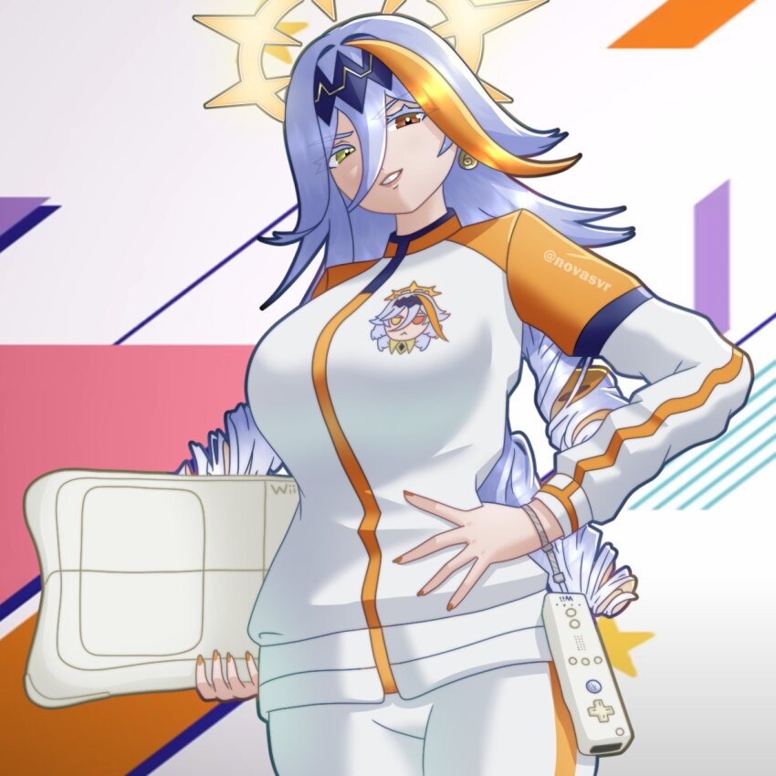 1girl alternate_costume baldr_(fire_emblem_heroes) controller fire_emblem fire_emblem_heroes game_controller halo heterochromia highres nintendo novasvr orange_hair orange_streaks ringlets single_hair_streak white_hair wii_remote workout_clothes