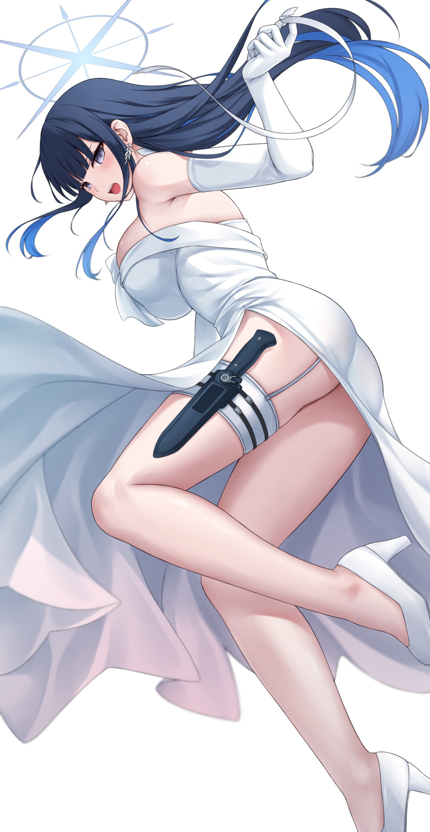 1girl absurdres ass black_hair blue_archive blue_halo blush breasts chien_zero colored_inner_hair dress earrings elbow_gloves gloves grey_eyes halo high_heels highres jewelry large_breasts long_hair multicolored_hair open_mouth revision saori_(blue_archive) saori_(dress)_(blue_archive) simple_background solo strapless strapless_dress white_background white_dress white_footwear white_gloves