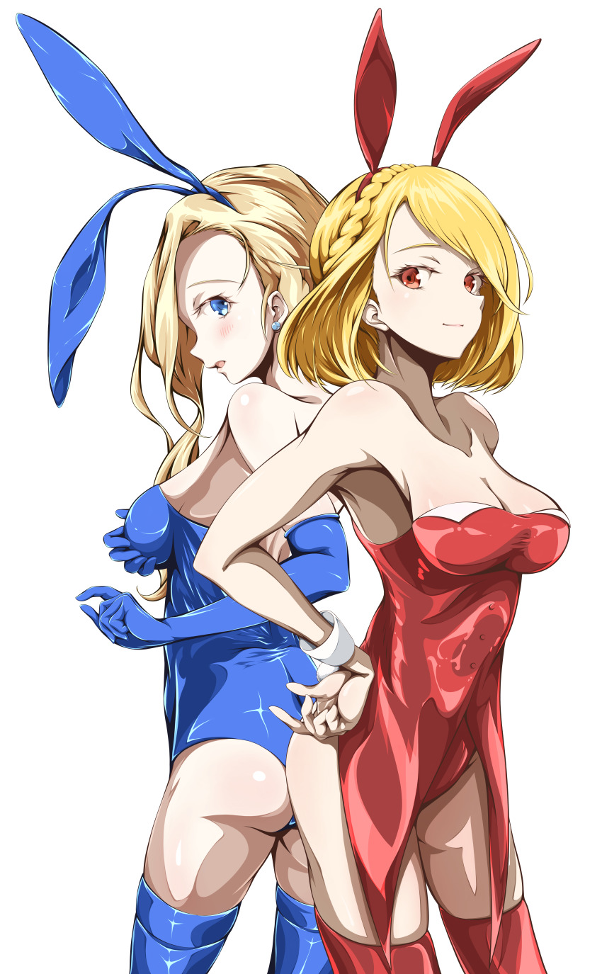 2girls absurdres azur_lane azur_lane:_queen&#039;s_orders back-to-back bare_shoulders blonde_hair blue_leotard braid breasts cleavage crown_braid earrings elbow_gloves embarrassed gloves hand_on_own_hip highres hood_(azur_lane) jewelry leotard looking_at_viewer madakov_kodima multiple_girls playboy_bunny prince_of_wales_(azur_lane) red_leotard simple_background thighhighs wrist_cuffs