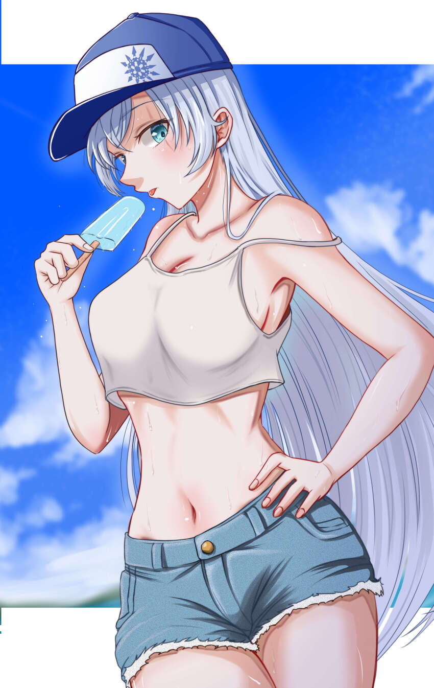 1girl absurdres baseball_cap blue_eyes blue_hat blue_sky breasts camisole cleavage cloud crop_top cutoffs day denim denim_shorts food hat highres holding holding_food holding_popsicle kumanosigenium1 letterboxed long_hair medium_breasts midriff navel outdoors parted_lips popsicle rwby scar scar_across_eye scar_on_face short_shorts shorts sky solo stomach sweat very_long_hair weiss_schnee white_camisole white_hair