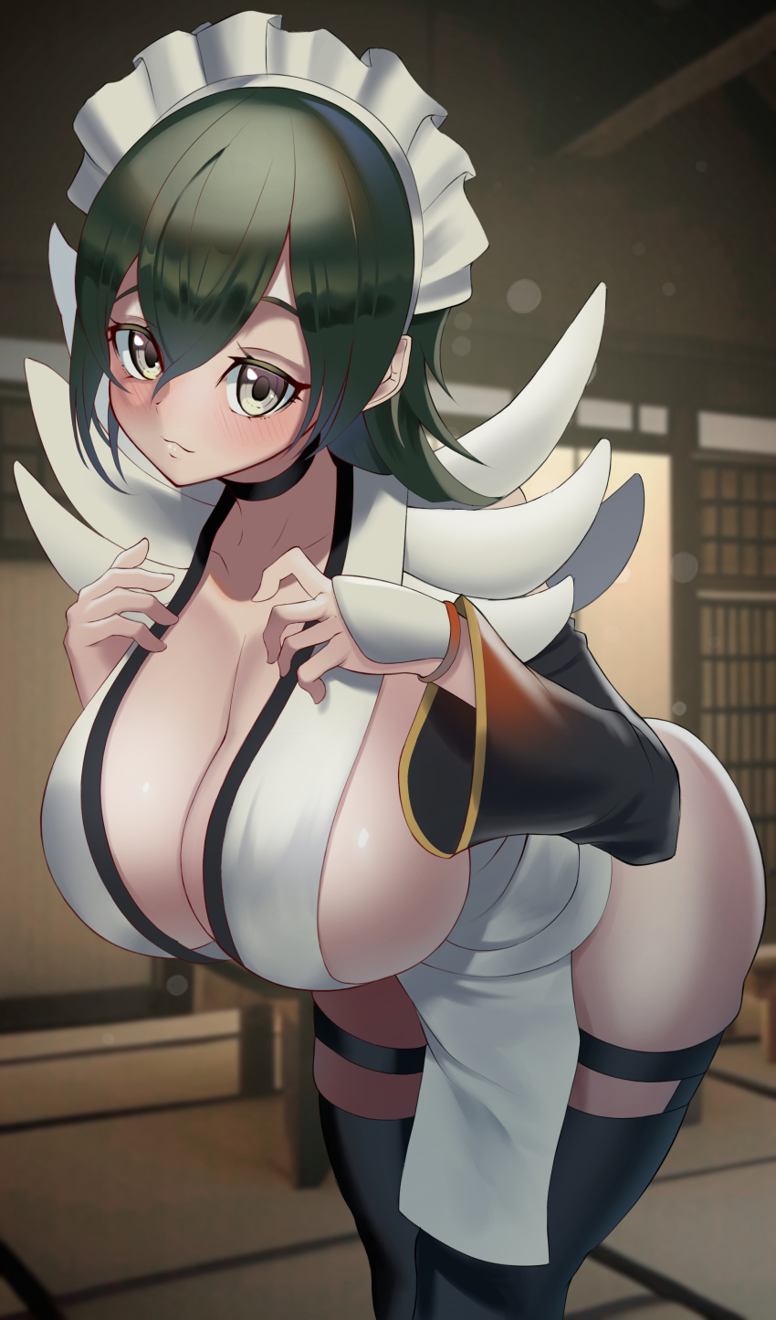 1girl absurdres apron black_hair blush breasts choker cleavage closed_mouth collarbone detached_sleeves hair_ornament hairclip hand_on_own_chest highres huge_breasts indoors iroha_(samurai_spirits) japanese_clothes large_breasts leaning_forward lips looking_at_viewer maid maid_headdress pelvic_curtain revealing_clothes samurai_spirits sato_one1 shiny_skin short_hair simple_background skindentation sleeveless smile solo thighhighs thighs white_apron wide_hips wide_sleeves