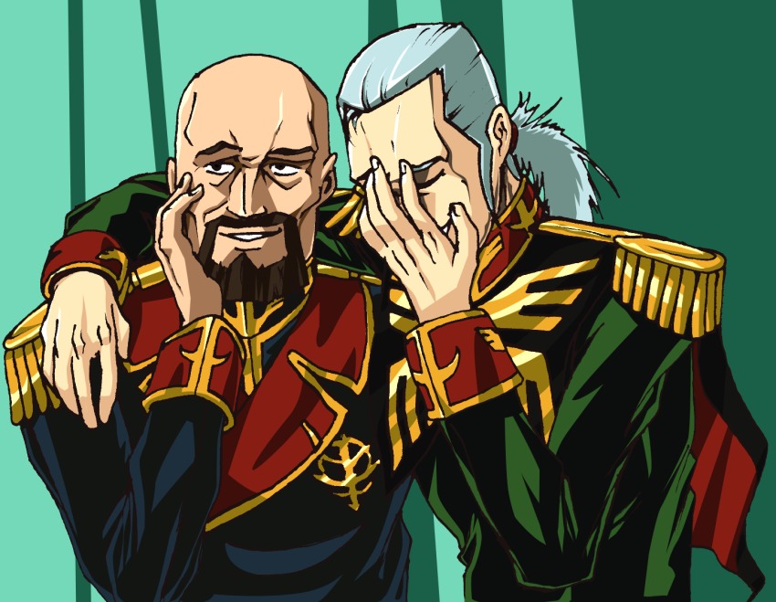 2boys aiguille_delaz anavel_gato bald beard eli_mintzer epaulettes facial_hair gundam gundam_0083 laughing laughing_girls_(meme) meme military military_uniform multiple_boys parody ponytail white_hair zeon