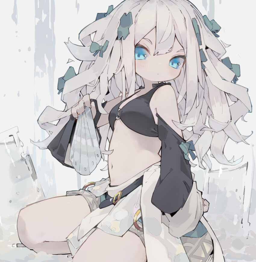 1girl absurdres aqua_eyes bare_shoulders belt bikini black_belt bow closed_mouth detached_sleeves folding_fan green_bow grey_hair grey_skirt hair_bow hair_ornament hand_fan highres holding holding_fan light_blush long_hair looking_to_the_side messy_hair navel nep_(nep_76) o-ring o-ring_bikini original sitting skirt sleeves_past_wrists solo swimsuit water waterfall x_hair_ornament