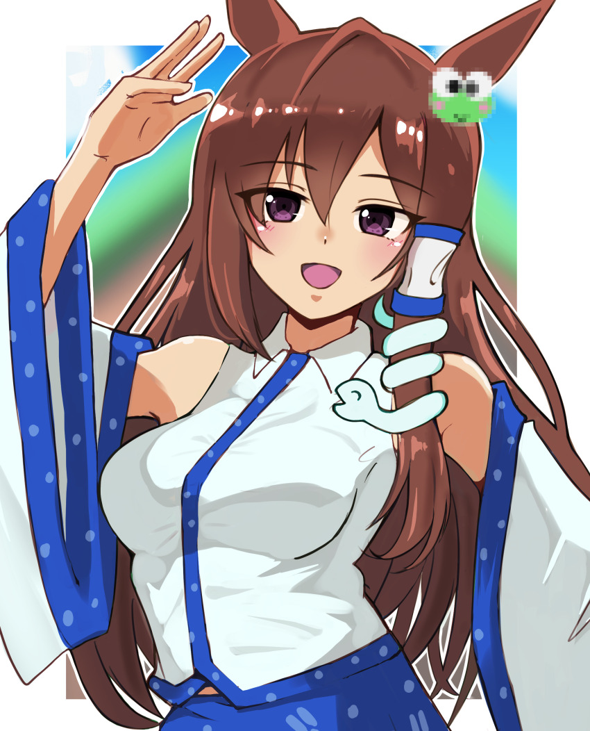 1girl absurdres alternate_costume animal_ears blush breasts censored censored_identity commentary_request cosplay detached_sleeves enukee hair_between_eyes hair_ornament highres horse_ears horse_girl kero_kero_keroppi kochiya_sanae kochiya_sanae_(cosplay) looking_at_viewer mejiro_dober_(umamusume) purple_eyes sanrio simple_background snake_hair_ornament solo touhou umamusume