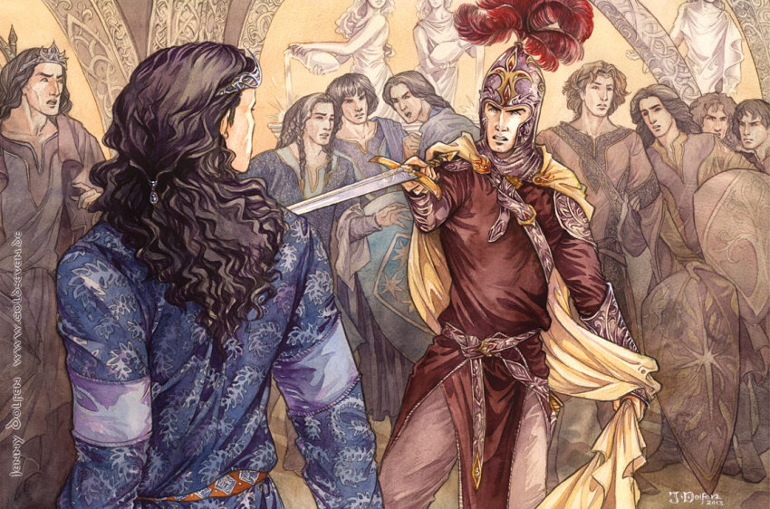 6+boys argon_(silmarillion) armor beads belt black_hair blue_tunic bracer brothers cape celegorm crown curufin fantasy feanor feathers fingolfin fingon finwe from_behind grey_eyes hair_beads hair_ornament half-siblings helmet holding holding_sword holding_weapon indoors jenny_dolfen long_hair looking_at_another maedhros maglor male_focus multiple_boys non-web_source ornate_clothes painting_(medium) plume pointing_melee_weapon pointing_sword print_shirt red_feathers red_tunic robe shirt siblings statue sword the_silmarillion tolkien&#039;s_legendarium traditional_media tunic turgon watercolor_(medium) wavy_hair weapon yellow_cape