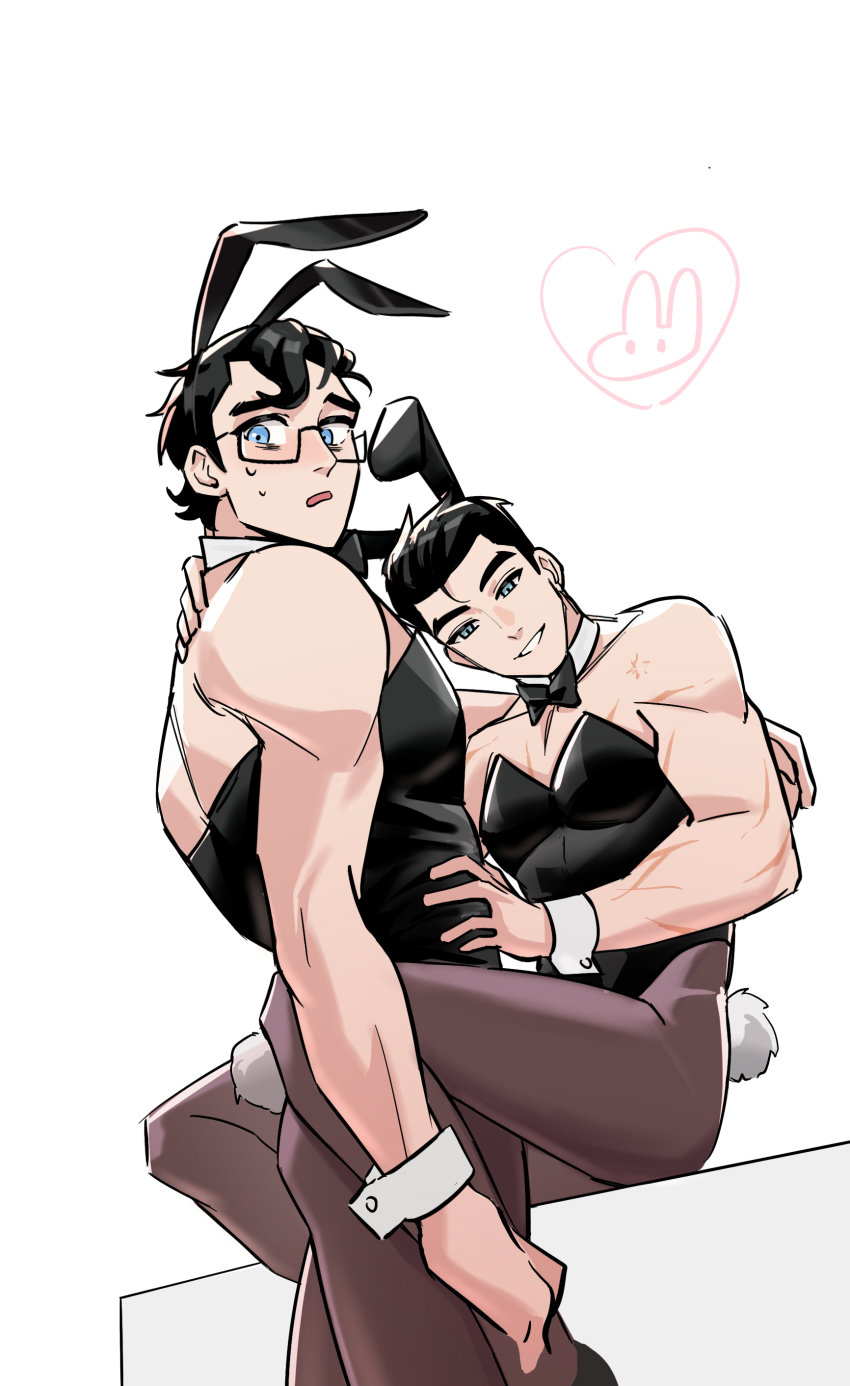 2boys absurdres animal_ears arm_around_shoulder bare_shoulders black-framed_eyewear black_bow black_bowtie black_hair black_leotard black_pantyhose blue_eyes blush bow bowtie bruce_wayne clark_kent crossdressing dc_comics fake_animal_ears glasses hair_between_eyes hand_on_another&#039;s_stomach heart highres leg_lock leotard looking_at_viewer looking_back male_focus male_playboy_bunny multiple_boys nervous_sweating open_mouth pantyhose rabbit_ears rabbit_tail rectangular_eyewear short_hair simple_background sitting smile standing strapless strapless_leotard sweat sweatdrop tail unfinished wang_none white_background white_wrist_cuffs wrist_cuffs