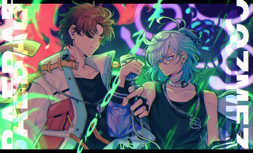 2boys black_shirt black_tank_top blue_hair choker facing_to_the_side highres jacket junjam light_purple_hair long_sleeves looking_at_another male_focus multicolored_hair multiple_boys neck_tattoo paradox_live phantometal_(paradox_live) red_eyes red_hair shirt sugasano_allen tank_top tattoo white_choker white_jacket yatonokami_kanata