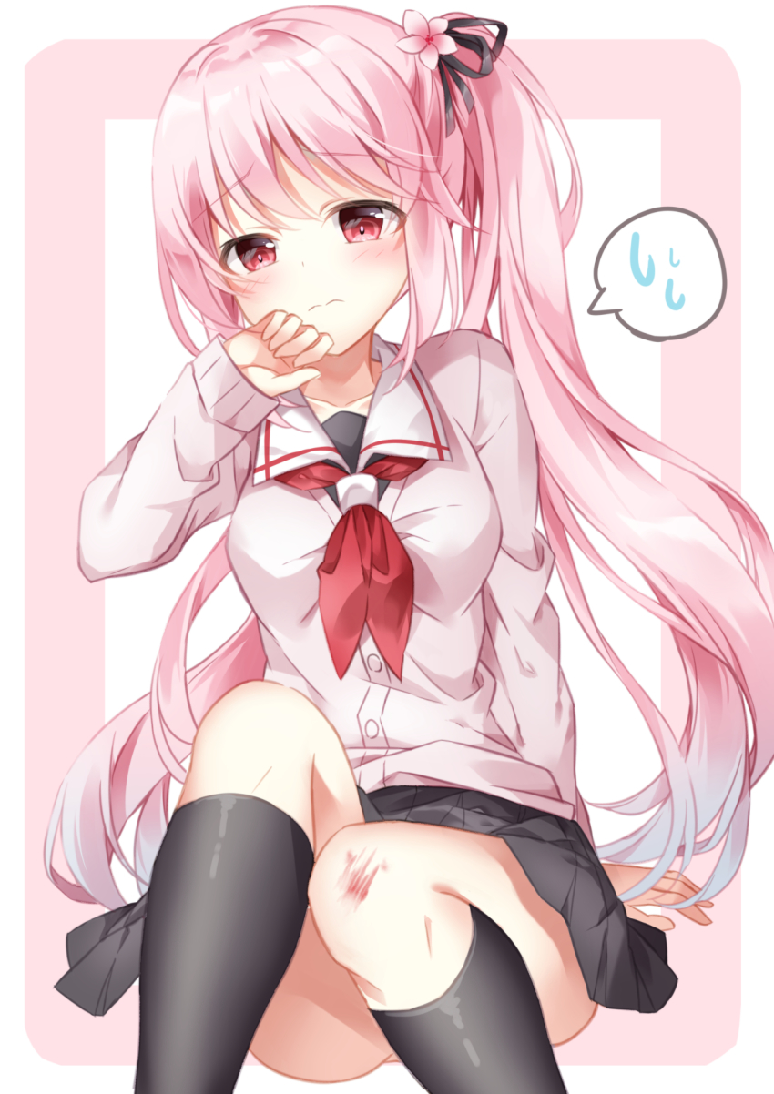 1girl black_skirt black_socks blush breasts closed_mouth female_focus hair_ribbon harusame_(kancolle) highres kantai_collection kneehighs long_hair long_sleeves medium_breasts pink_hair red_eyes red_neckwear ribbon sailor_collar scrape scraped_knee simple_background skirt socks solo spoken_sweatdrop sugisaki_yuu sweat sweatdrop