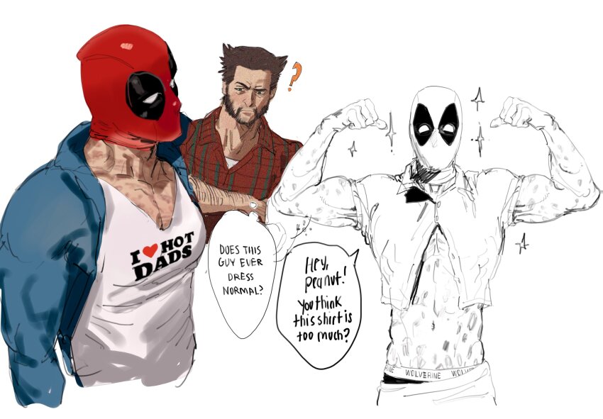 2boys ? absurdres arm_hair arms_up beard brown_hair clenched_hands closed_mouth clothes_writing deadpool deadpool_&amp;_wolverine deadpool_(series) dudles english_text facial_hair flexing green_eyes hashtag-only_commentary highres long_sleeves looking_at_another male_focus male_underwear male_underwear_peek marvel marvel_cinematic_universe mature_male multiple_boys muscular muscular_male navel pectoral_cleavage pectorals plaid_clothes plaid_shirt red_mask shirt short_hair short_sleeves sparkle speech_bubble thought_bubble unbuttoned unbuttoned_shirt underwear wolverine_(x-men) x-men yaoi