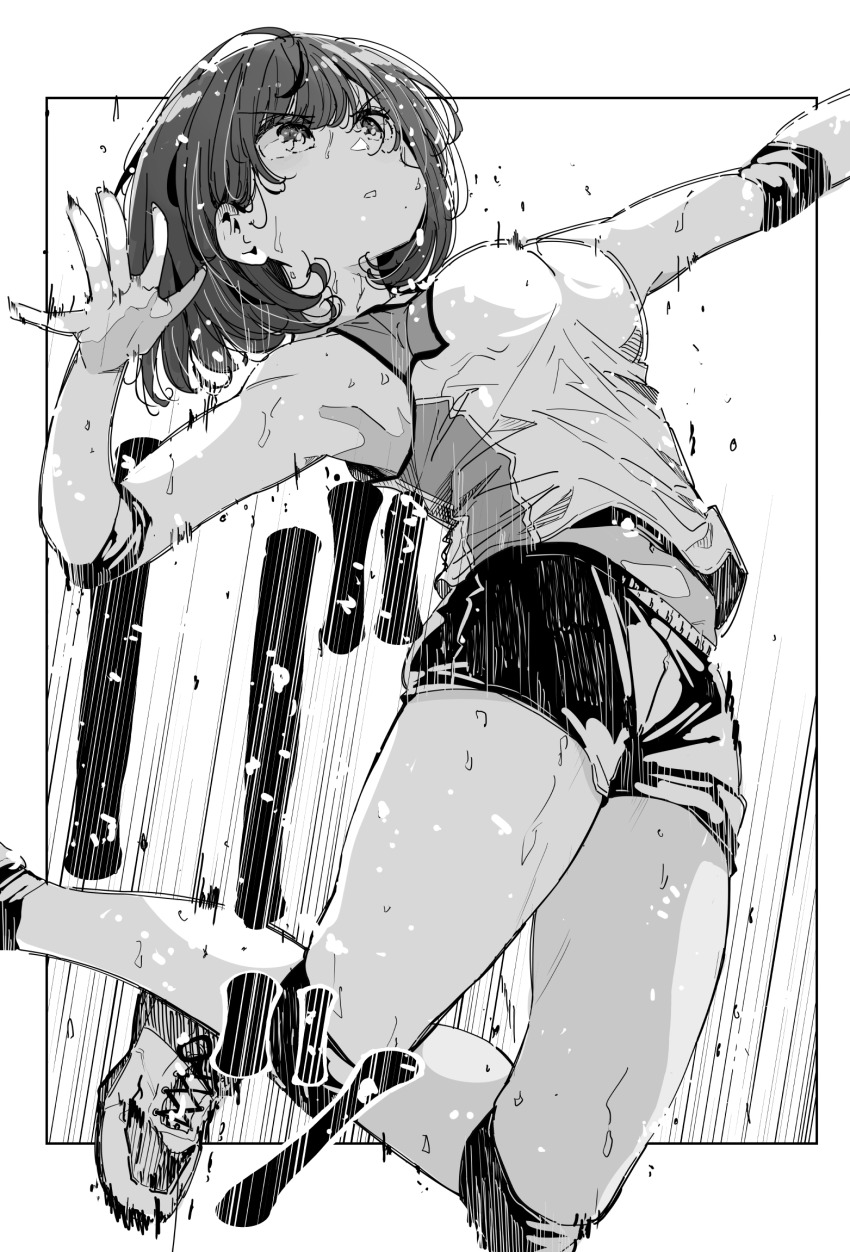 1girl breasts commentary elbow_pads greyscale highres jumping kneepits medium_breasts monochrome navel nyoijizai open_mouth original shirt shorts sleeveless sleeveless_shirt solo sweat