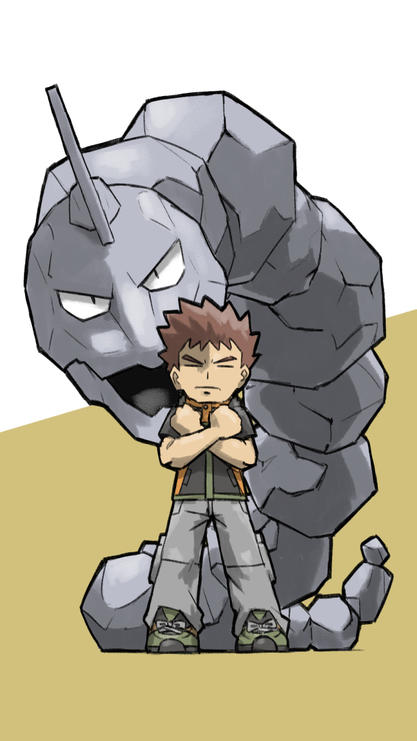 1boy black_jacket blacknirrow brock_(pokemon) brown_background brown_hair clenched_hands closed_eyes closed_mouth commentary crossed_arms dark-skinned_male dark_skin english_commentary game_freak gen_1_pokemon green_shoes grey_pants highres jacket nintendo onix open_mouth pants pokemon pokemon_(creature) pokemon_lgpe shoes short_hair simple_background spiked_hair standing two-tone_background v-shaped_eyebrows white_background
