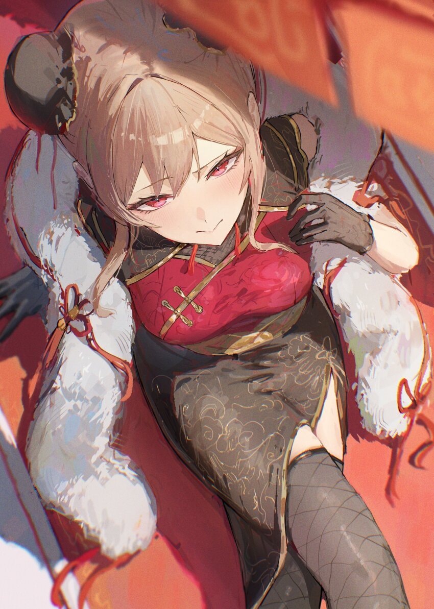 1girl :&gt; black_gloves black_skirt breasts brown_hair bun_cover chinese_clothes cleavage crossed_legs double_bun feather_boa floral_print floral_print_shirt floral_print_skirt flower_knot furen_e_lustario furen_e_lustario_(7th_costume) gloves gold_belt gold_trim grey_thighhighs hair_between_eyes hair_bun half-closed_eyes highres kouchanthree lace lace_gloves large_breasts lips long_bangs looking_at_viewer nijisanji official_alternate_costume red_eyes red_rope red_shirt rope see-through_cleavage see-through_clothes shirt short_hair side_slit sidelocks sitting skirt sleeveless sleeveless_shirt smile solo tassel thighhighs virtual_youtuber