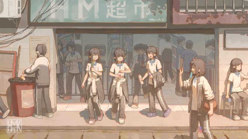 3boys 6+girls =_= absurdres air_conditioner arm_up artist_logo artist_name ball basketball_(object) bilibili_logo bilibili_username black_pants blue_footwear brown_hair can cardigan chinese_commentary closed_eyes closed_mouth cola commentary_request food food_in_mouth highres holding holding_can holding_food hua_ming_wink ice_cream logo looking_at_another medium_hair multiple_boys multiple_girls open_cardigan open_clothes open_mouth original pants pink_shoes pointy_ears ponytail shirt shoes shop short_hair short_sleeves sidelocks sitting sportswear trash_can white_footwear white_shirt