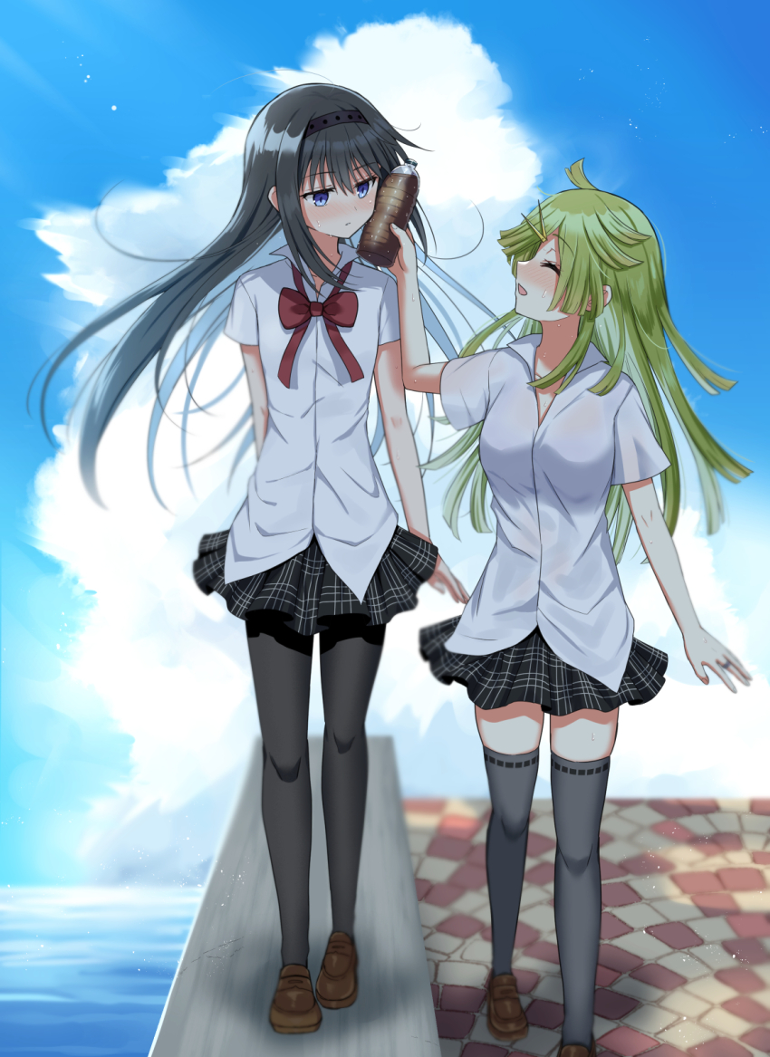akemi_homura aki_mabayu black_hair black_pantyhose black_thighhighs blue_sky bottle bottle_to_cheek bow bowtie cloud cumulonimbus_cloud day highres holding holding_bottle kishimen_hair ledge light_smile long_hair looking_at_another magia_record:_mahou_shoujo_madoka_magica_gaiden mahou_shoujo_madoka_magica miniskirt pantyhose purple_eyes red_bow red_bowtie school_uniform shirt skirt sky suzugahama thighhighs water white_shirt yuri
