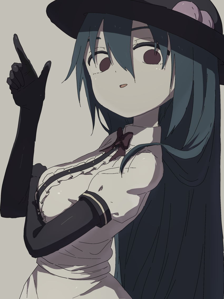 1girl absurdres black_gloves black_hat blue_hair bow bowtie commentary elbow_gloves food fruit gloves hat highres hinanawi_tenshi long_hair peach puffy_sleeves red_eyes shirt short_sleeves simple_background touhou uzou_(uzooooooooo)
