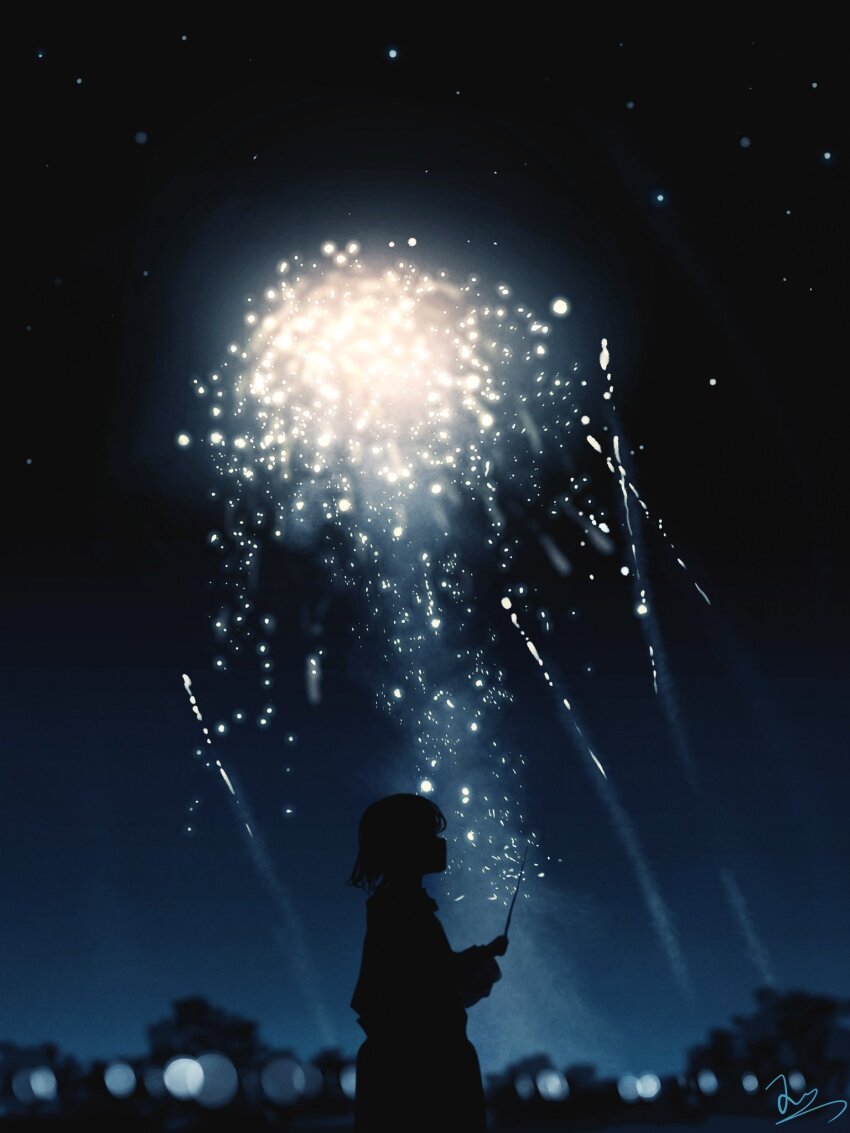 1girl aerial_fireworks blue_sky blurry blurry_background bokeh cowboy_shot depth_of_field facing_ahead fireworks from_side gradient_sky highres holding holding_fireworks huashijw jellyfish medium_hair night night_sky original outdoors profile scenery signature silhouette sky skyline solo sparkler star_(sky) starry_sky
