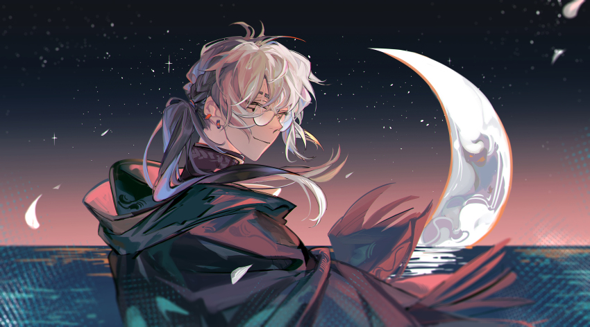 1boy absurdres anyeyisheng41 black_sky brown_cloak cloak closed_eyes crescent_moon d.gray-man dusk ear_piercing earrings facing_viewer falling_petals floating_cape floating_hair glasses gradient_sky hair_between_eyes highres hood hood_down hooded_cloak hoop_earrings jewelry light_smile long_hair looking_back low_ponytail male_focus mature_male moon night night_sky ocean past_lavi_(d.gray-man) petals piercing pink_sky ponytail purple_shirt round_eyewear shirt sidelocks sky solo star_(sky) starry_sky striped_clothes striped_shirt turtleneck turtleneck_shirt white_hair white_petals