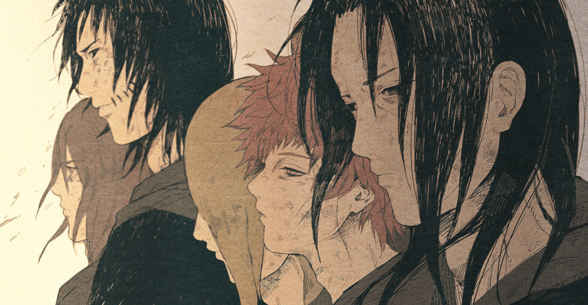 4boys black_hair blonde_hair closed_mouth colored_sclera deidara_(naruto) grey_hair hair_over_eyes kakuzu_(naruto) long_hair male_focus monochrome multiple_boys nagato_(naruto) naruto_(classic) naruto_(series) naruto_shippuuden red_hair sasori_(naruto) scar sepia short_hair simple_background uchiha_itachi zukeban