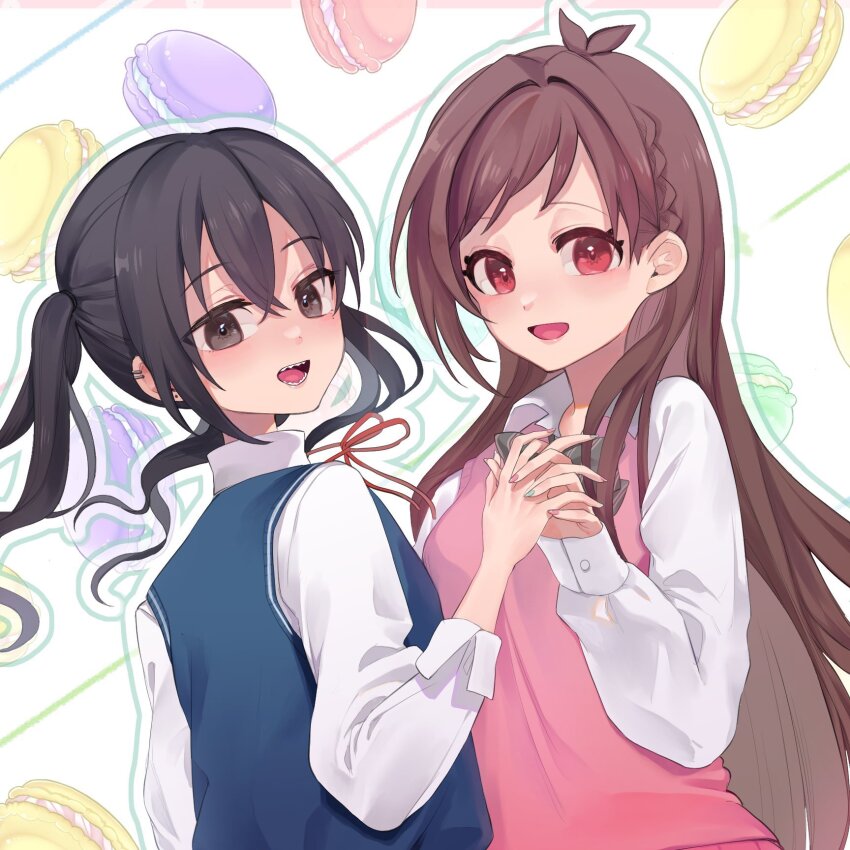 2girls antenna_hair black_eyes black_hair blue_sweater_vest blush bow bowtie brown_hair fingernails food food-themed_background grey_bow grey_bowtie highres holding_hands idolmaster idolmaster_cinderella_girls interlocked_fingers long_hair looking_at_viewer macaron multiple_girls nail_polish neck_ribbon outline pink_sweater_vest red_eyes red_ribbon ribbon school_uniform sharp_teeth shirt smile straight_hair sunazuka_akira sweater_vest teeth tsujino_akari twintails upper_body very_long_hair white_outline white_shirt woruka yuri