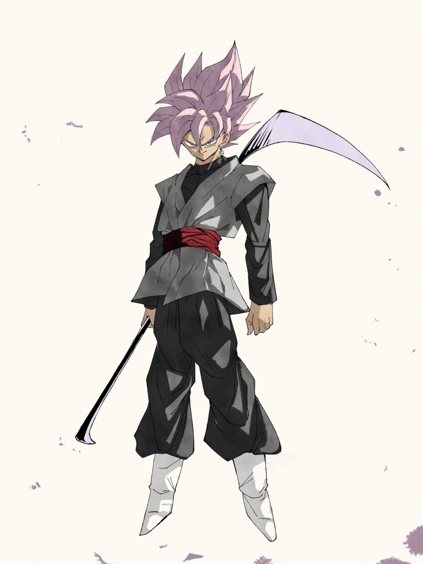 1boy black_pants black_shirt boots chips_(food) dougi dragon_ball dragon_ball_super earrings food full_body goku_black grey_background grey_eyes grey_tunic highres holding holding_scythe jewelry male_focus medium_hair pants pato007711 pink_hair potato_chips red_sash sash scythe shirt simple_background single_earring smirk solo spiked_hair tunic white_boots