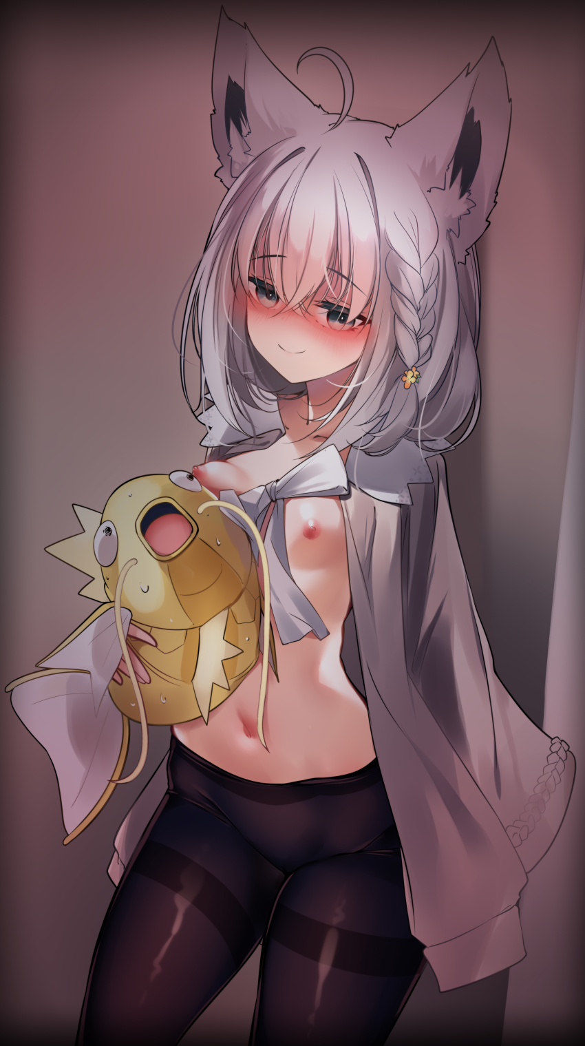 1girl absurdres ahoge alternate_color animal_ear_fluff animal_ears black_pantyhose blush braid breasts closed_mouth collarbone commentary english_commentary fox_ears gen_1_pokemon green_eyes grey_hair groin hair_between_eyes half-closed_eyes highres hololive kana616 magikarp navel nintendo nipples nose_blush pantyhose pokemon shiny_pokemon shirakami_fubuki small_breasts smile sweat thighband_pantyhose virtual_youtuber
