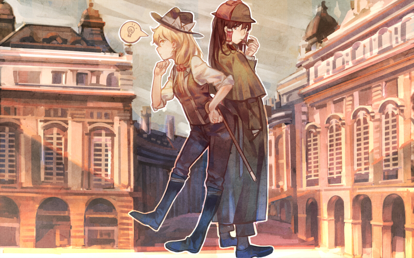 2girls alternate_costume black_footwear boots bow cane capelet coat contemporary cosplay hair_tubes hakurei_reimu hat hat_bow highres john_hamish_watson john_hamish_watson_(cosplay) kirisame_marisa knee_boots long_coat multiple_girls norizc pants sherlock_holmes sherlock_holmes_(cosplay) shirt smoking_pipe spoken_lightbulb the_adventures_of_sherlock_holmes touhou town trench_coat vest