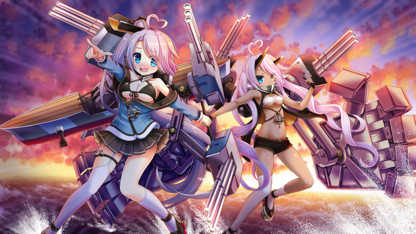2girls absurdres ahoge asymmetrical_legwear azur_lane bandeau bikini bikini_top_only black_bikini black_gloves black_sailor_collar black_skirt blue_eyes blue_shirt bluebird_(bluebird90) blush breasts cleavage cloud commentary_request dark-skinned_female dark_skin eyes_visible_through_hair facepaint fang full_body gloves grey_footwear hair_between_eyes heart heart-shaped_pupils heart_ahoge heterochromia highres horns indianapolis_(azur_lane) large_breasts long_hair looking_at_viewer mechanical_arms mechanical_horns medium_breasts miniskirt multiple_girls off_shoulder open_mouth outdoors partially_fingerless_gloves pink_hair pleated_skirt portland_(azur_lane) purple_hair sailor_collar shirt shoes siblings side_ponytail sisters skin_fang skirt smile socks sunset swimsuit symbol-shaped_pupils thighhighs turtleneck twintails underboob uneven_legwear very_long_hair water white_bandeau white_socks white_thighhighs yellow_eyes