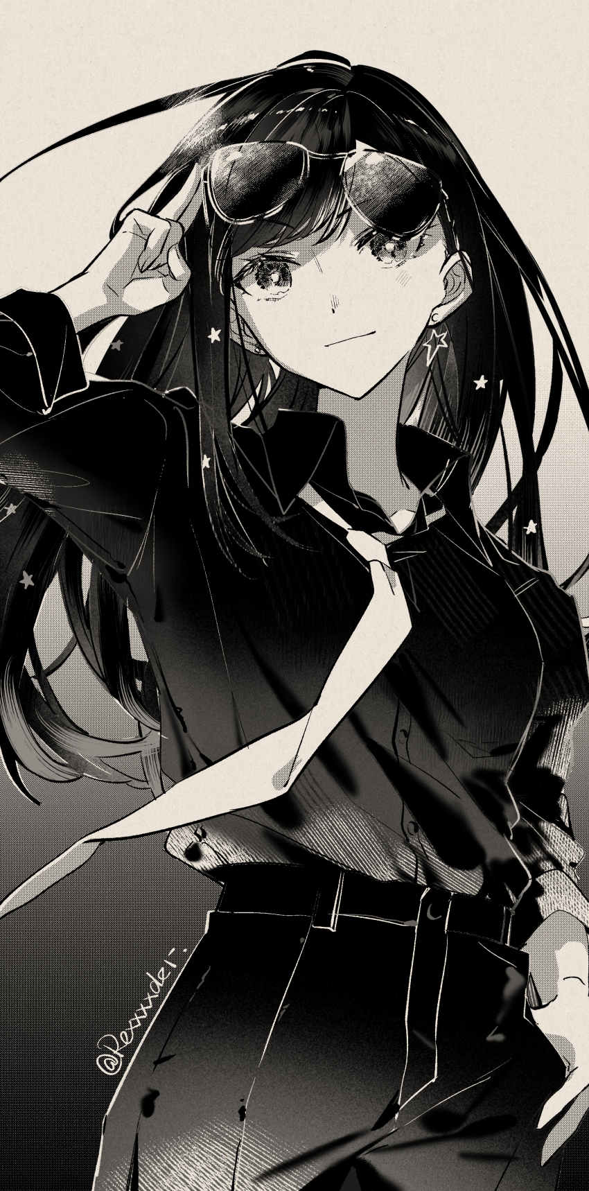 1girl absurdres artist_name collared_shirt commentary cowboy_shot earrings eyewear_lift greyscale hair_ornament highres jewelry jingzhaowhale light_smile long_hair looking_at_viewer monochrome necktie pants project_sekai shiraishi_an shirt shirt_tucked_in solo star_(symbol) star_earrings star_hair_ornament
