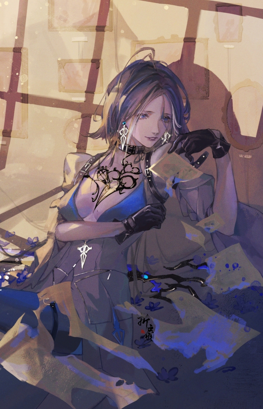 1girl adela_(path_to_nowhere) arm_belt belt_collar black_gloves black_hair blue_eyes blue_fire blue_flower blue_hair blue_leggings breasts breasts_apart burning burning_paper burning_photo chinese_commentary collar commentary earrings fire flower gloves highres indoors jacket jewelry leggings lips looking_at_another looking_to_the_side medium_breasts medium_hair mole mole_on_breast multicolored_hair naked_jacket parted_lips path_to_nowhere photo_(object) picture_frame scissors signature sitting smile solo suit_jacket two-tone_hair white_jacket zheshanshan