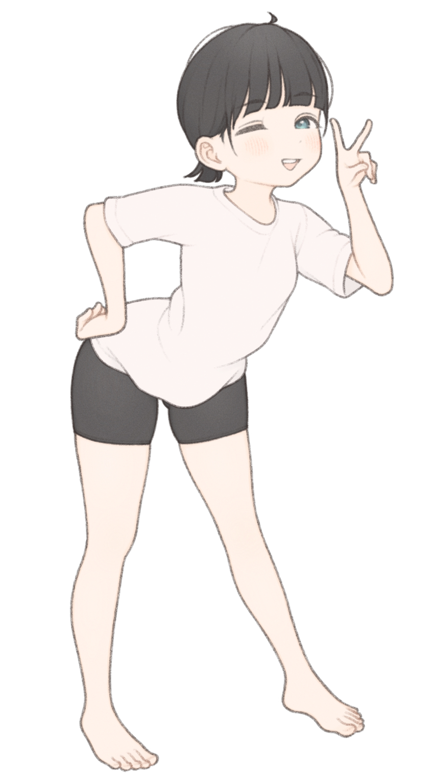 1girl 1ssakawaguchi absurdres barefoot bike_shorts black_shorts blush brown_hair commentary full_body grey_eyes hand_on_own_hip hand_up highres ichika_(1ssakawaguchi) leaning_forward legs looking_at_viewer one_eye_closed open_mouth original shirt short_hair short_shorts short_sleeves shorts simple_background smile solo standing symbol-only_commentary t-shirt teeth upper_teeth_only v white_background white_shirt