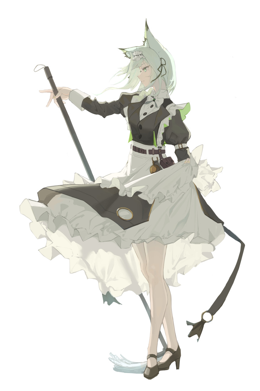 1girl absurdres animal_ear_fluff animal_ears apron arknights belt blunt_bangs buttons cat_ears clothes_lift collared_dress dress frilled_dress frills from_side green_eyes hair_intakes hair_ornament hair_ribbon hand_up high_heels highres holding kal&#039;tsit_(arknights) legs lifting_own_clothes maid maid_headdress mop ribbon sidelocks simple_background skirt skirt_lift solo standing t-hou thighs white_background white_hair wind