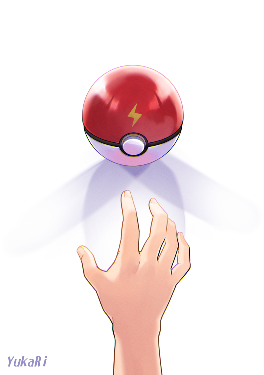1other artist_name capsule commentary_request fingernails highres lightning_bolt_print nintendo poke_ball pokemon pokemon_(anime) reaching shadow watermark white_background yukari_(yukari21653710)