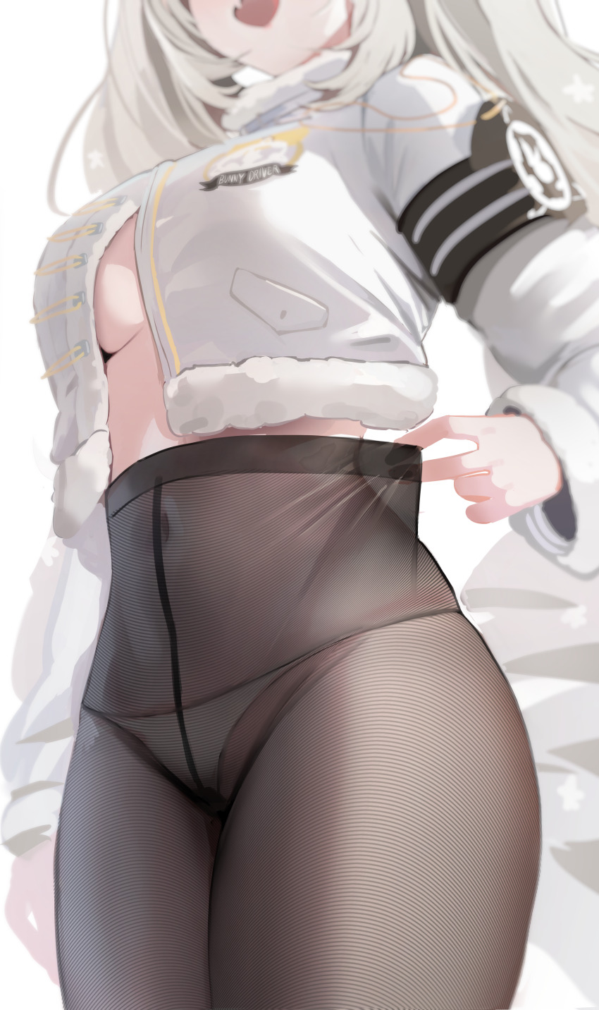 1girl absurdres armband black_armband black_pantyhose blanc_(fortune_express)_(nikke) blanc_(nikke) breasts clothes_pull covered_navel fang goddess_of_victory:_nikke highres jacket long_sleeves medium_breasts misyune panties pantyhose pantyhose_pull simple_background skin_fang smile solo twintails underwear white_background white_hair white_jacket white_panties