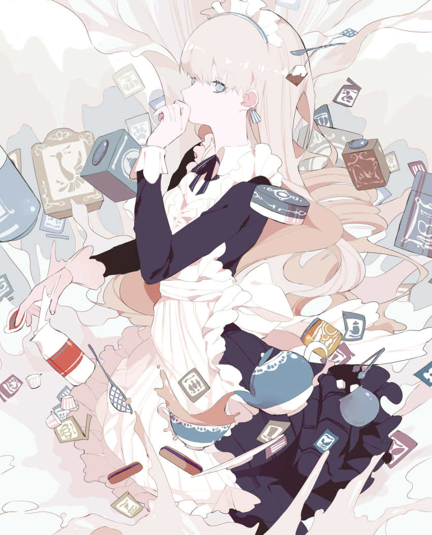 1girl apron black_dress black_ribbon black_tea blonde_hair blue_eyes bottle box can covered_mouth covering_own_mouth cowboy_shot creamer_(vessel) creamer_packet cup dress earrings floating floating_object food frilled_apron frills from_side hand_over_own_mouth hand_up highres jar jewelry levitation long_hair long_sleeves looking_afar magic maid maid_apron maid_headdress milk milk_bottle n79oqc3yja6jlof neck_ribbon original pastry pouring ribbon saucer solo strainer sugar_bowl sugar_cube sugar_tongs tea tea_set tea_strainer teabag teacup teapot tongs very_long_hair white_apron
