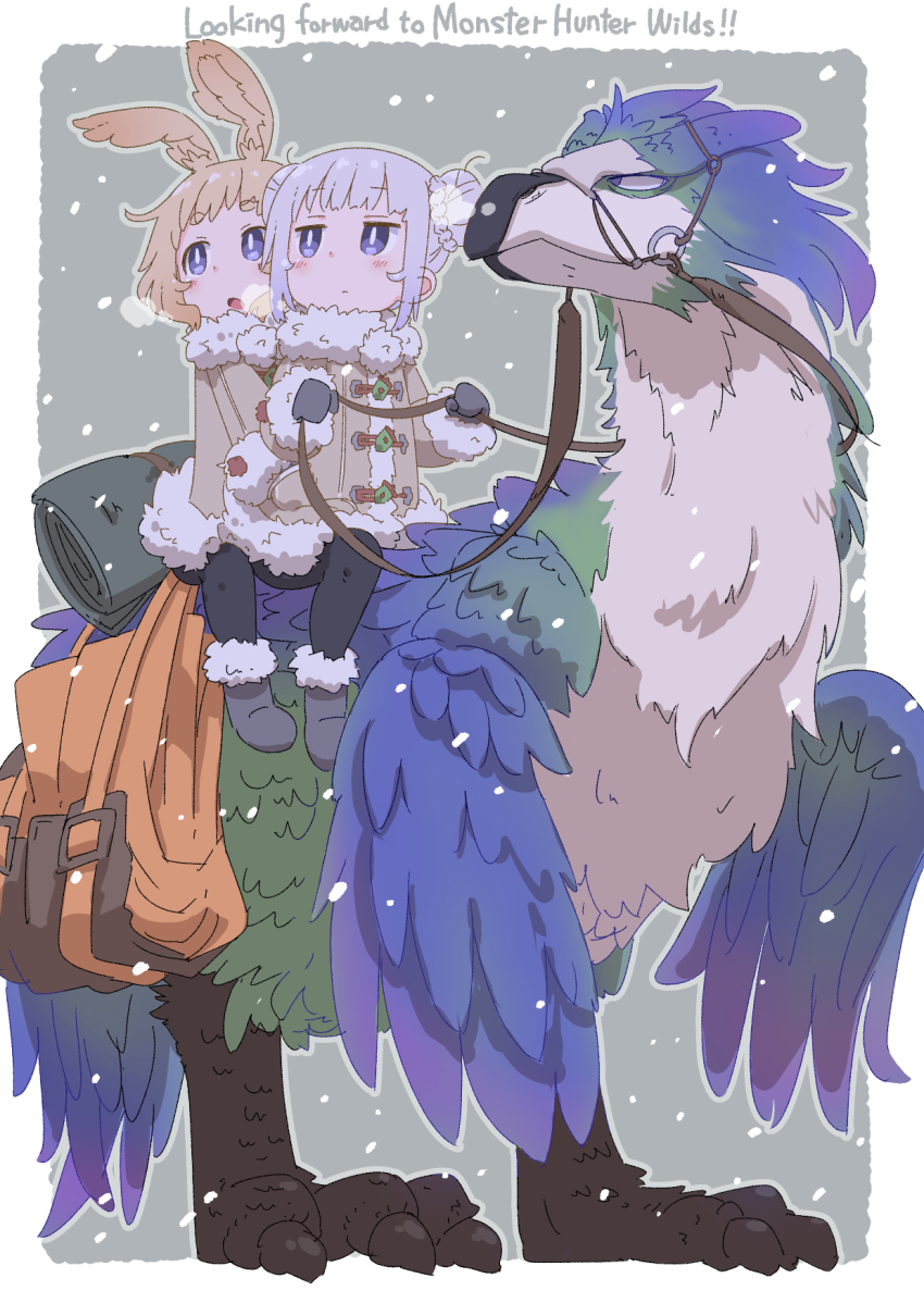 2girls bag bird bird_wings black_gloves blonde_hair blue_feathers blue_footwear blush boots border breath character_request child coat dog_girl double_bun english_text feathers gloves gradient_feathers green_feathers hair_bun highres holding holding_reins looking_to_the_side monster monster_hunter_(series) monster_hunter_wilds multiple_girls open_mouth original outside_border pantyhose purple_eyes purple_hair reins riding riding_animal samansa_(samansa_ex) samansa_ex seikret_(monster_hunter) siblings sisters sleeping_bag snow snowing tabasa_(samansa_ex) talons white_border white_coat white_feathers wings winter winter_clothes