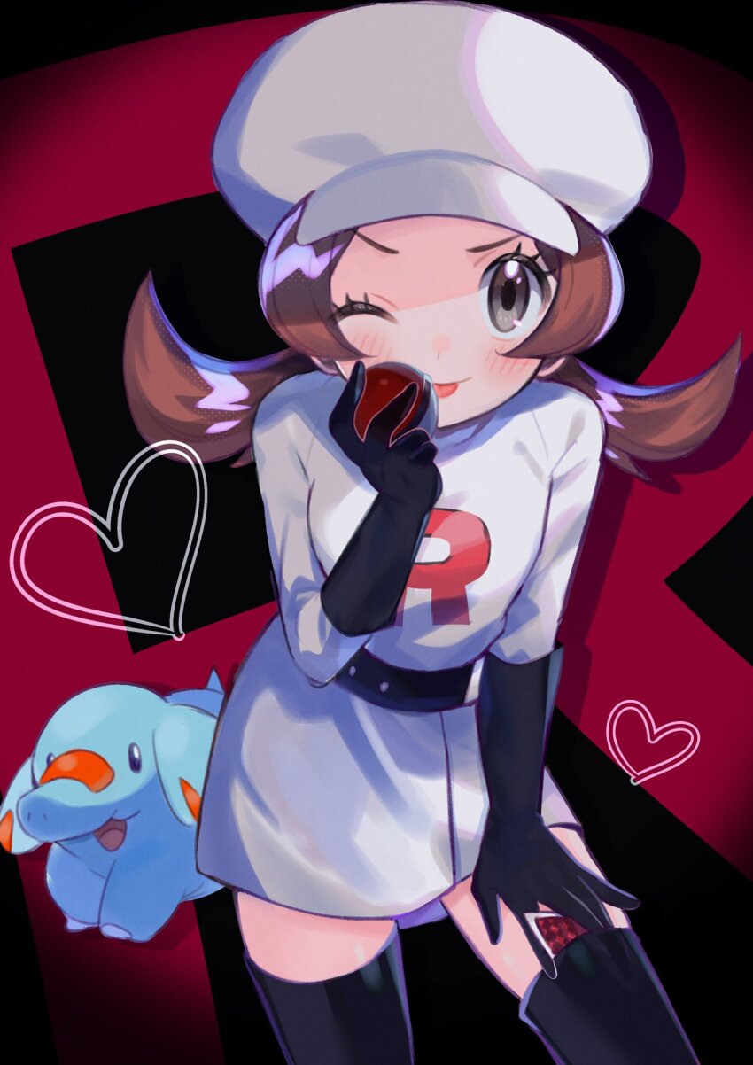 1girl ;p abe_(kumayu) black_gloves black_thighhighs brown_eyes brown_hair cabbie_hat dress eyelashes game_freak gen_2_pokemon gloves hat heart highres holding holding_poke_ball long_sleeves looking_at_viewer lyra_(pokemon) nintendo one_eye_closed phanpy poke_ball poke_ball_(basic) pokemon pokemon_(creature) pokemon_masters_ex team_rocket team_rocket_uniform thighhighs tongue tongue_out twintails white_dress white_hat