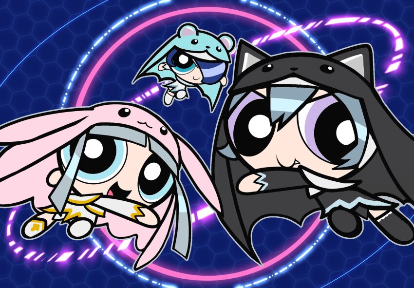 3girls animal_ears animal_hat black_dress black_veil blue_eyes blue_hair blue_veil blunt_bangs bright_pupils cat_ears cat_hat digimon digimon_(creature) dress fang fang_out flying full_body grey_hair hair_over_one_eye hat highres long_hair long_sleeves looking_at_viewer lop_rabbit_ears mouse_ears mouse_hat multiple_girls nagoshi nun open_mouth parody pink_veil powerpuff_girls_(style) purple_eyes rabbit_ears rabbit_hat short_hair siblings sistermon_blanc sistermon_ciel sistermon_noir sisters smile style_parody twins veil white_dress white_pupils
