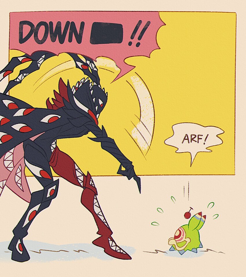 abbadomon abbadomon_core algomon algomon_baby_ii black_cape black_skin cape colored_skin confeito000_333 digimon digimon_(creature) down_boy!!_(meme) english_text extra_eyes extra_mouth from_side grey_background highres meme multicolored_skin profile red_cape red_eyes red_skin sharp_teeth simple_background speech_bubble teeth two-sided_cape two-sided_fabric two-tone_skin