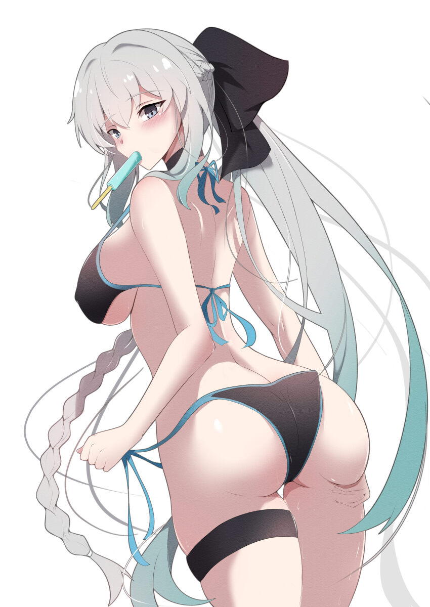 1girl absurdres bare_shoulders bikini black_bikini black_bow blue_eyes blue_lips bow breasts faerie_knights_(fate) fate/grand_order fate_(series) food hair_ornament highres ice_choco_maker large_breasts long_hair looking_at_viewer morgan_le_fay_(fate) ponytail popsicle simple_background solo swimsuit very_long_hair white_background