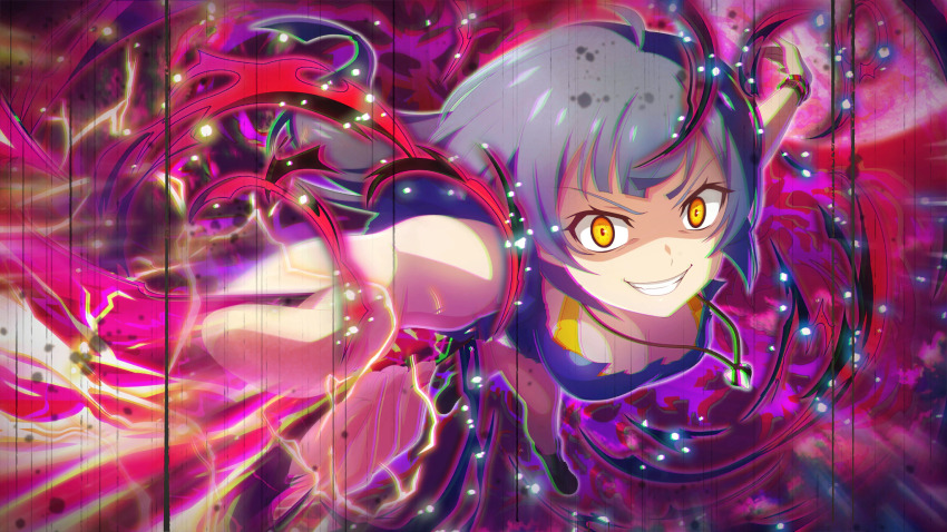 1girl arm_up attack aura blue_hair blue_shirt bracelet crazy_smile dark_aura evil_grin evil_smile from_above full_body game_cg grin highres higurashi_no_naku_koro_ni higurashi_no_naku_koro_ni_mei incoming_attack jewelry kurosawa_chisame long_hair non-web_source official_art reaching reaching_towards_viewer shirt short_sleeves smile solo standing teeth torn_clothes torn_shirt yellow_eyes