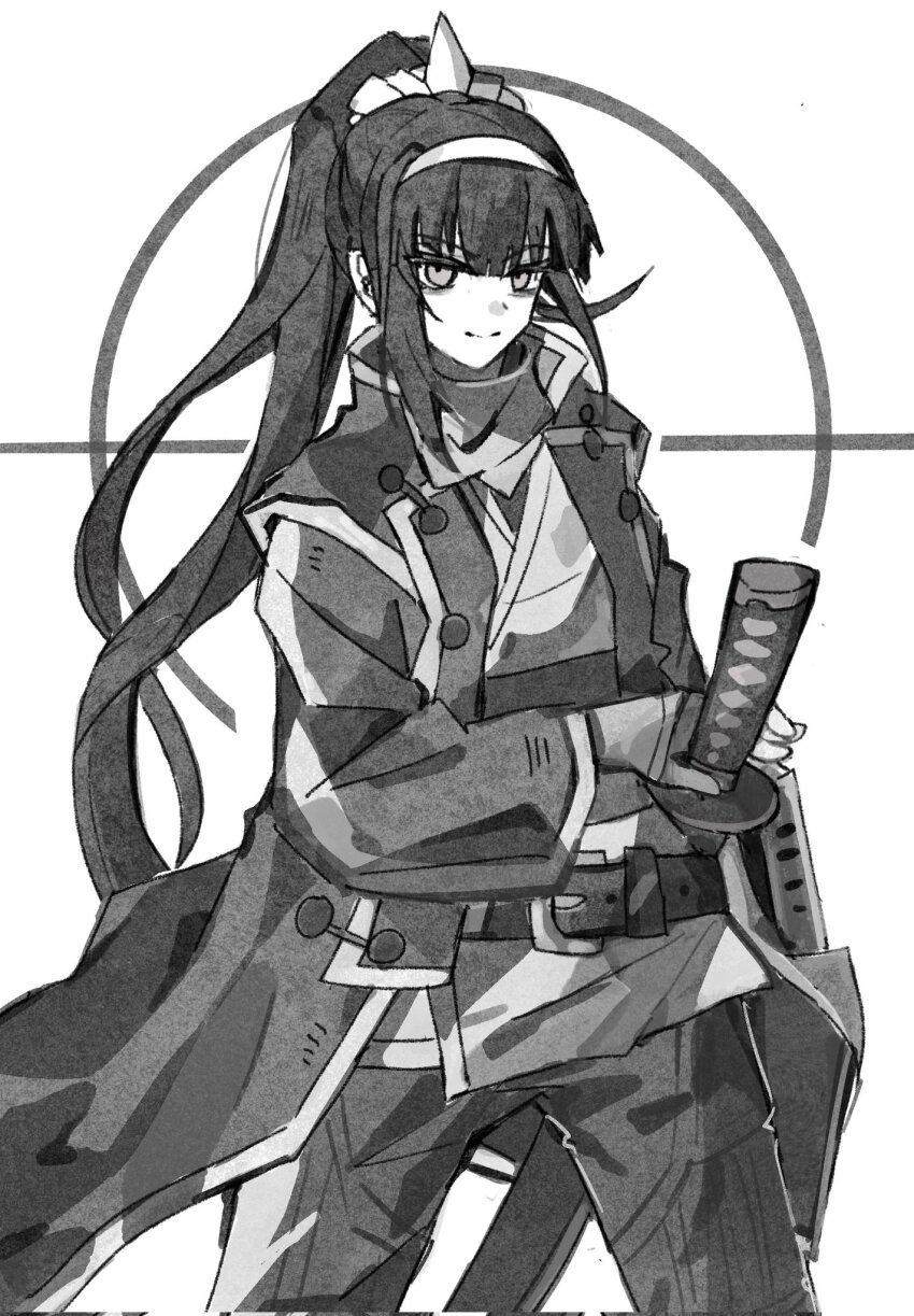 1girl belt black_hair cosplay female_focus flynn_(megami_tensei) flynn_(megami_tensei)_(cosplay) greyscale highres holding holding_sword holding_weapon holy_jumonji_sword jacket japanese_clothes long_hair looking_at_viewer magadori_kyoshika monochrome ponytail shin_megami_tensei shin_megami_tensei_iv simple_background smile solo solo_focus sword the_hundred_line_-last_defense_academy- weapon white_background