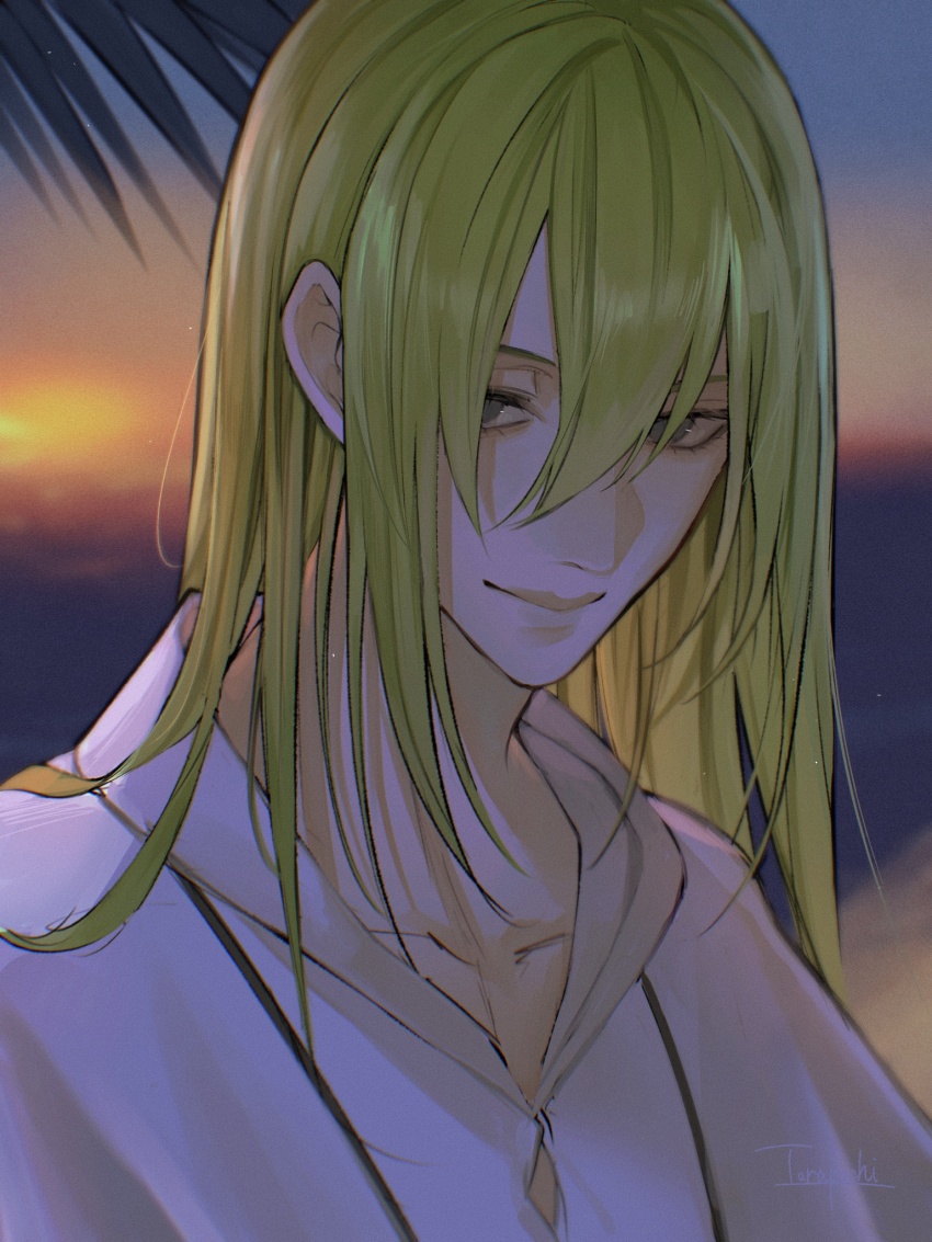 1boy beach blurry blurry_background check_copyright collarbone copyright_request enkidu_(fate) eyes_visible_through_hair fate_(series) green_eyes green_hair hair_between_eyes hair_over_eyes highres light_smile long_hair looking_at_viewer male_focus nose shirt solo torapochi3 white_shirt