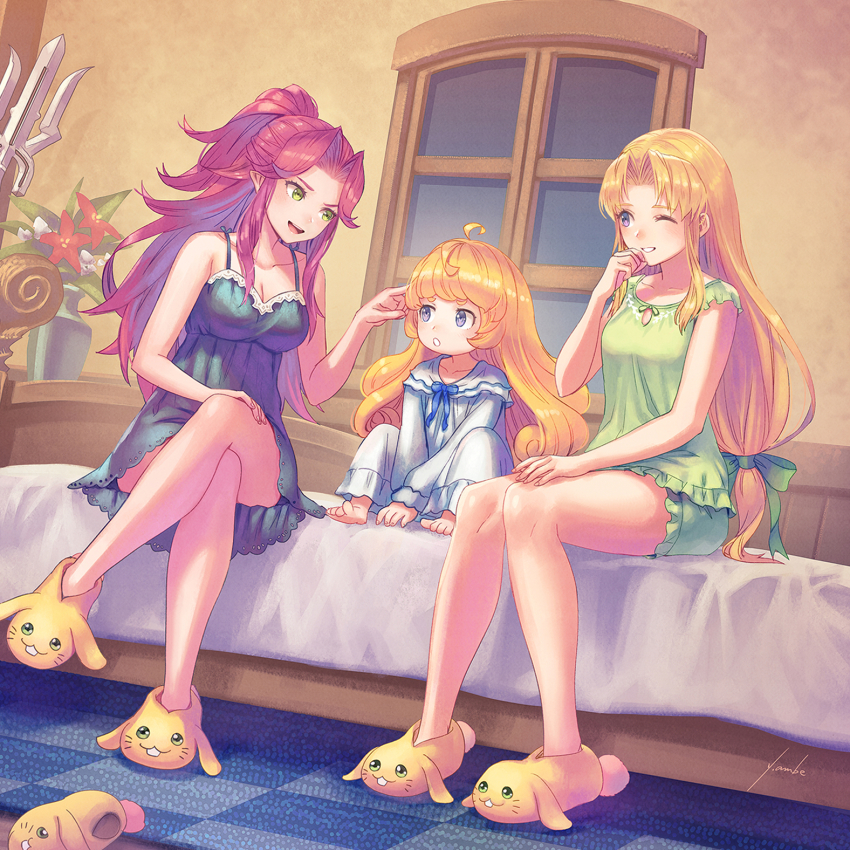3girls ahoge anbe_yoshirou angela_(seiken_densetsu_3) bed breasts charlotte_(seiken_densetsu_3) cleavage crossed_legs frilled_shorts frills green_eyes hair_intakes highres long_hair looking_at_another low-tied_long_hair multiple_girls nightgown pajamas pointy_ears rabite_(seiken_densetsu) riesz seiken_densetsu seiken_densetsu_3 shorts sitting slippers smile window